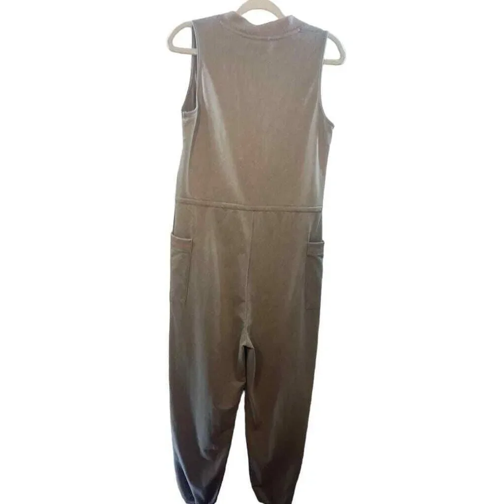 HEM & THREAD WOMENS MED FLEECE TAN JUMPSUIT CUFFS POCKETS